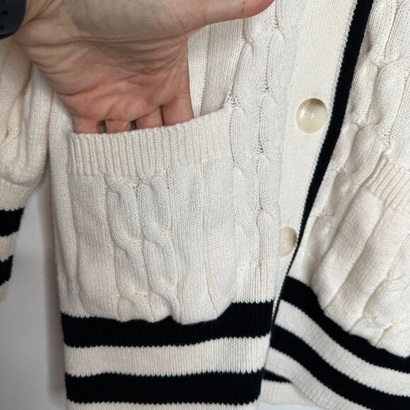 Loft Tipped V-Neck Pocket Cardigan Sweater Size XS Cream Black Cable Knit - Picture 4 of 8